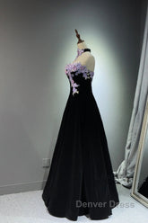 A-Line Black Velvet Long Party Dresses With Lace Applique, Black Velvet Prom Dresses